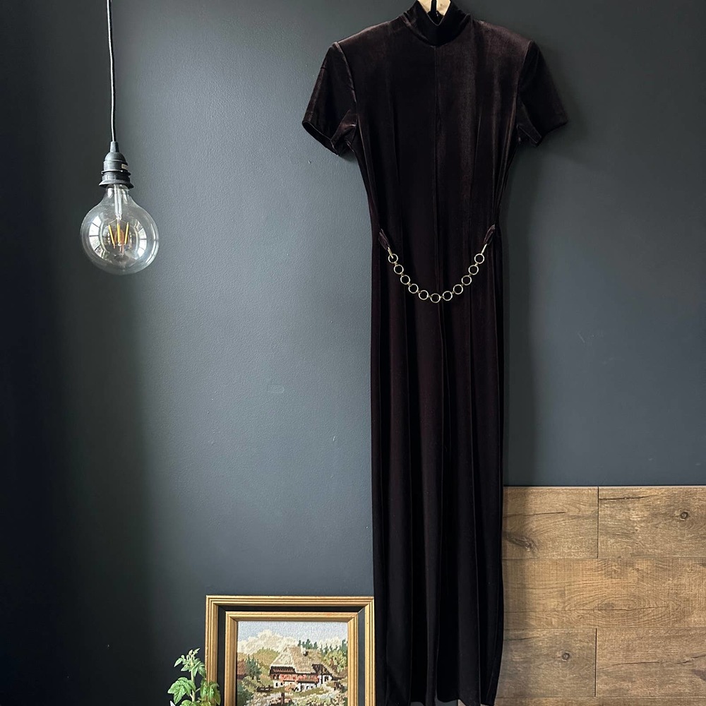 Panache Vintage Deep Brown Velvet Jumpsuit with Waist Chain Size 4 - Picture 1 of 12